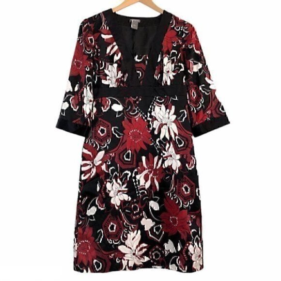 ANN TAYLOR Black Red White Multi Floral 3/4 Sleeve Knee Length Work Shift Dress - Picture 2 of 13